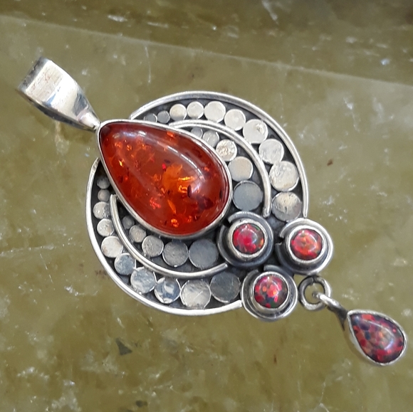 Amber and Fire Opal Silver Pendant - Picture 5 of 10